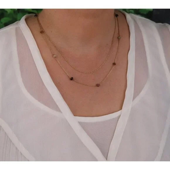 Gold Over Sterling Silver Natural Tourmaline Layered Station Necklace 15 to 17.5 - Picture 4 of 7